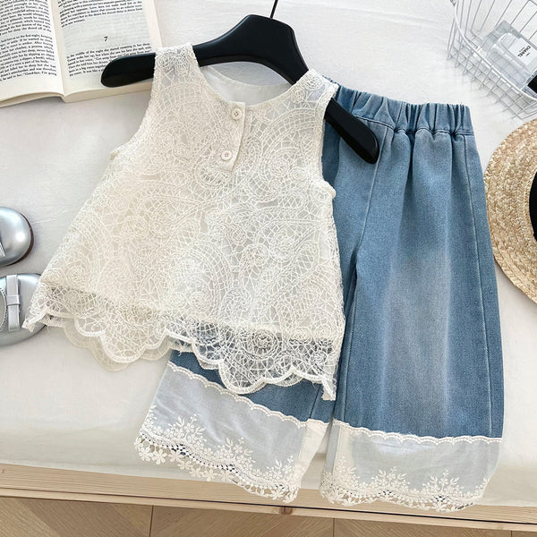 Girls' Summer New Lace Vest Denim Wide-Leg Pants Two-Piece Set