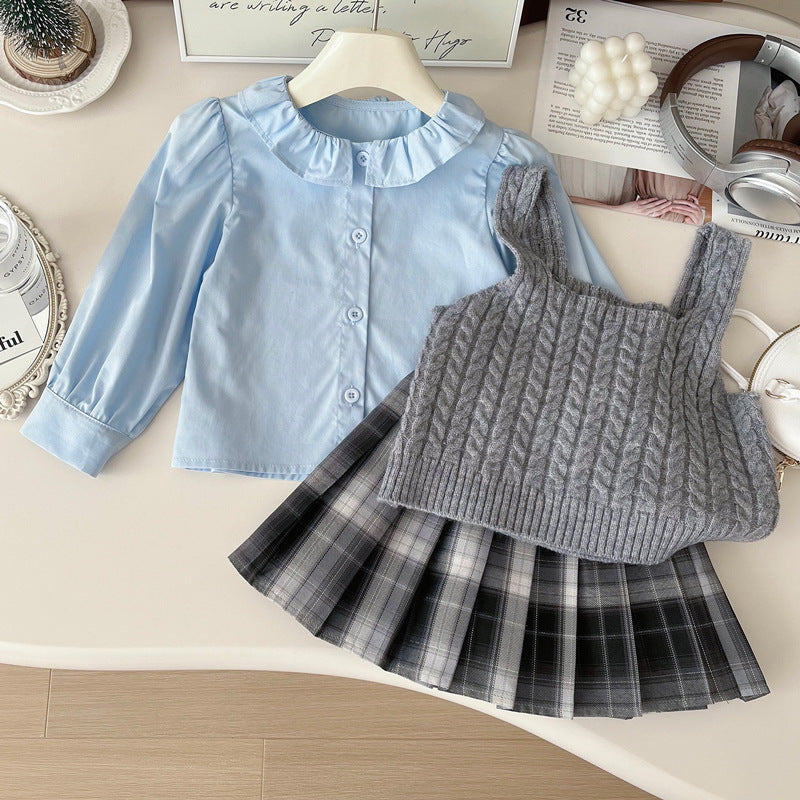 Autumn Girls' Knitted Vest Shirt Pleated Skirt Three-piece Set