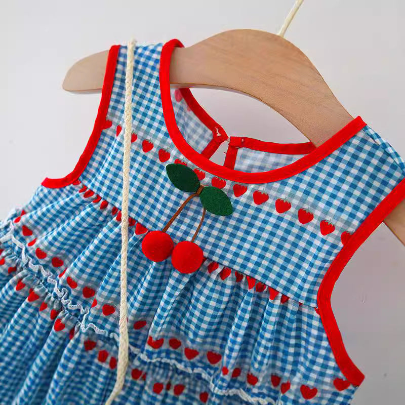 Summer Girls Cherry Plaid Sleeveless Dress