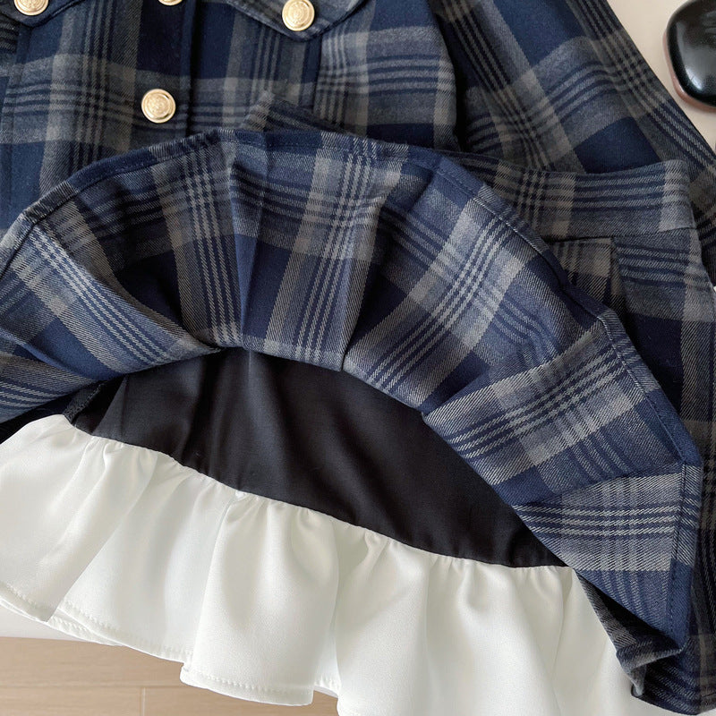 Girls' New Spring Plaid Jacket and Skirt Two-Piece Set