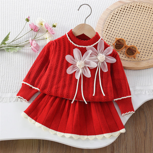 Girls' New 3D Flower Pullover Knitted Skirt Two-piece Suit