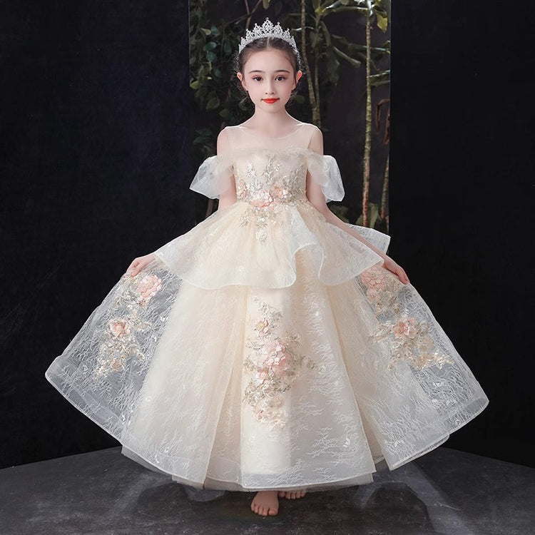 Champagne Flower Girl Fluffy Princess Dress Birthday Party Dress