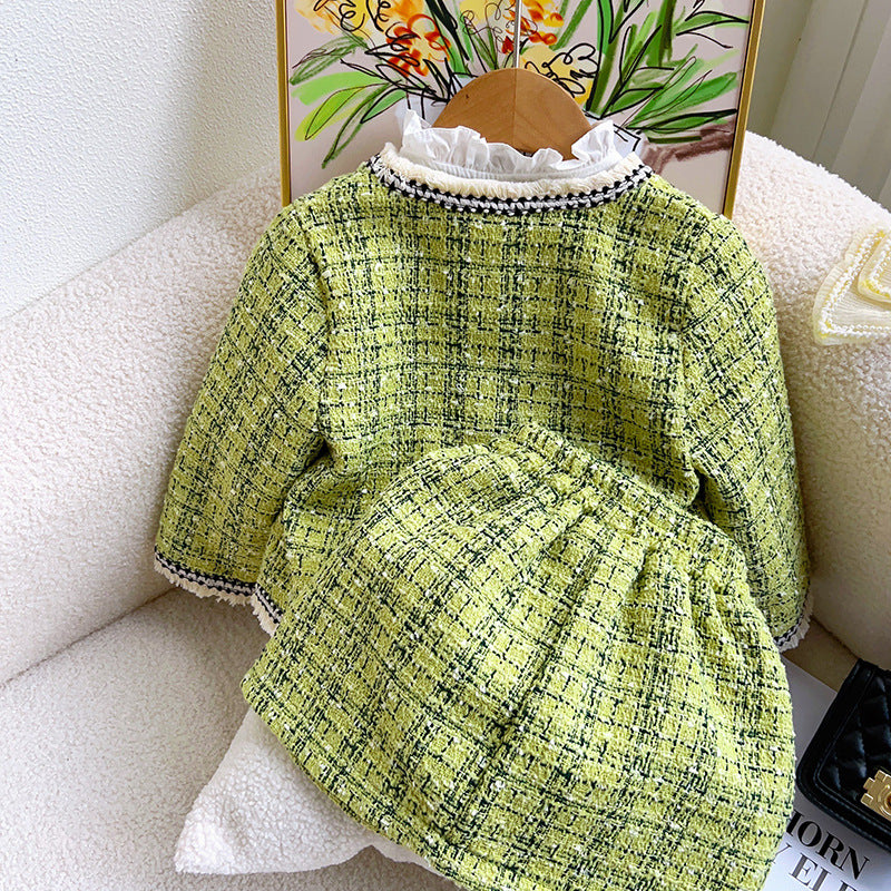 Sweet Baby Girl Collarless Green Plaid Top and Skirt Two-piece Set