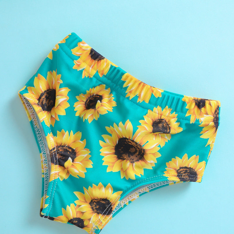 Girls Sunflower Print Ruffled Swimsuit Two-Piece Set