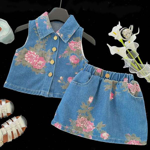 Girls Summer Printed Sleeveless Vest Short Skirt Two-piece Set