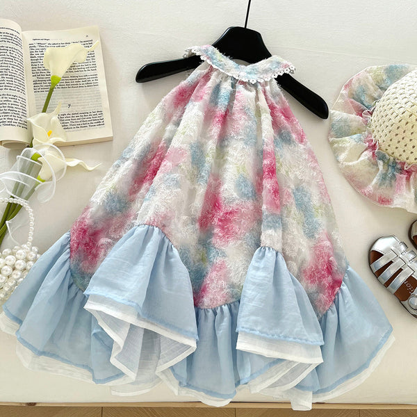 Girls Summer New Stitching Bow Halter Neck Princess Dress