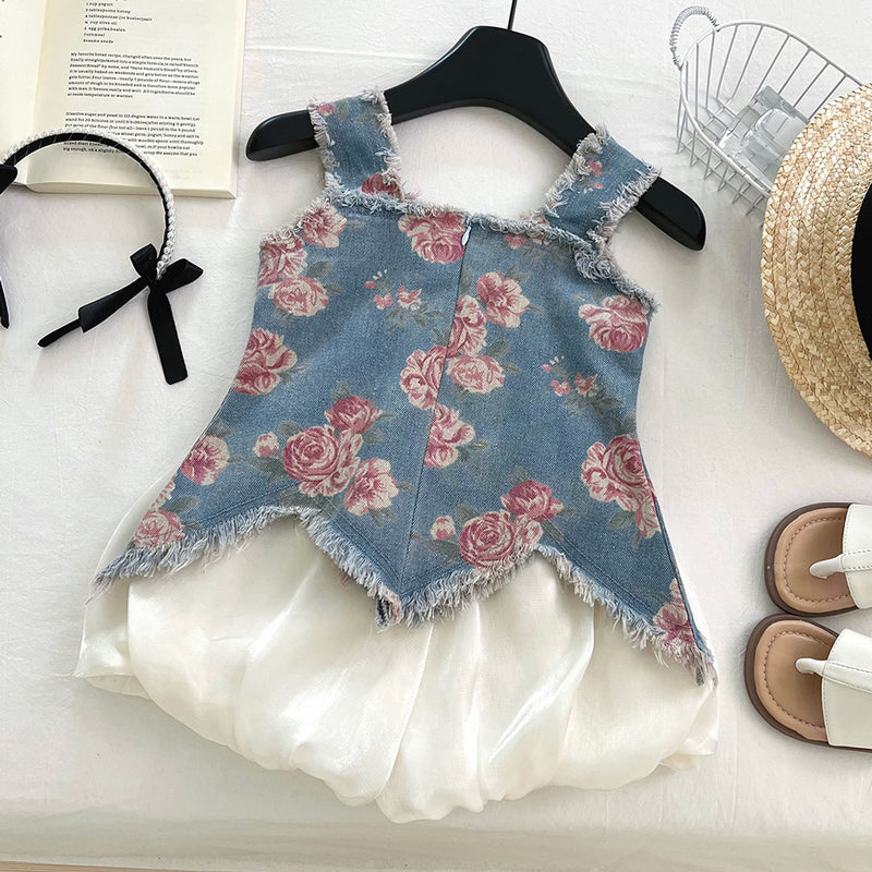 Girls Summer Printed Denim Suspender Top Shorts Two-piece Set