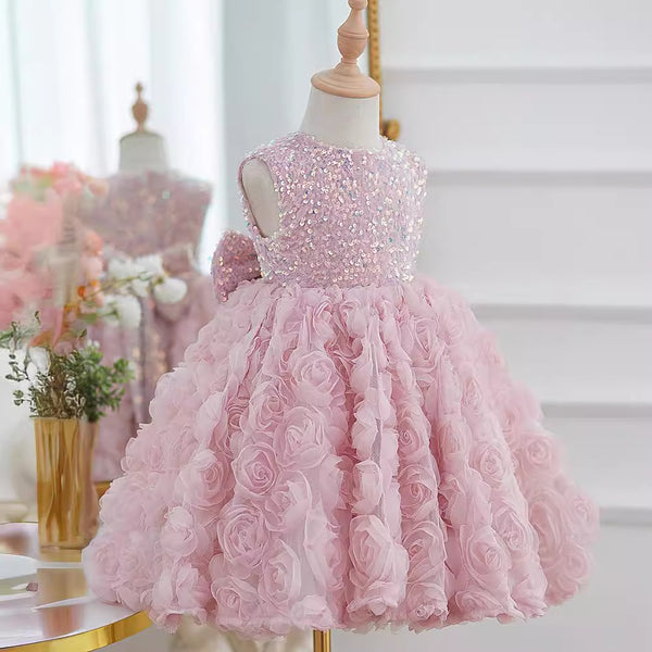 Girls Birthday Sequin Princess Dress Children Rose Flower Puffy Dress