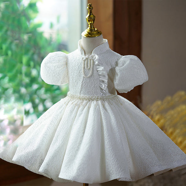 Cute 3D Puff Sleeves Pearl Pipa Knot Princess Dress