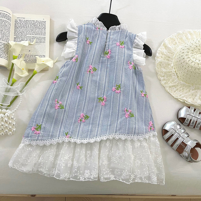 Summer Girls Flying Sleeve Lace Splicing Flower Princess Dress