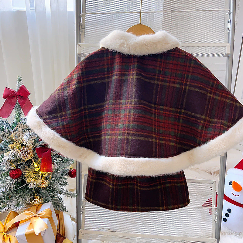 Girls' Wool Plaid Cape Skirt Two-piece Set