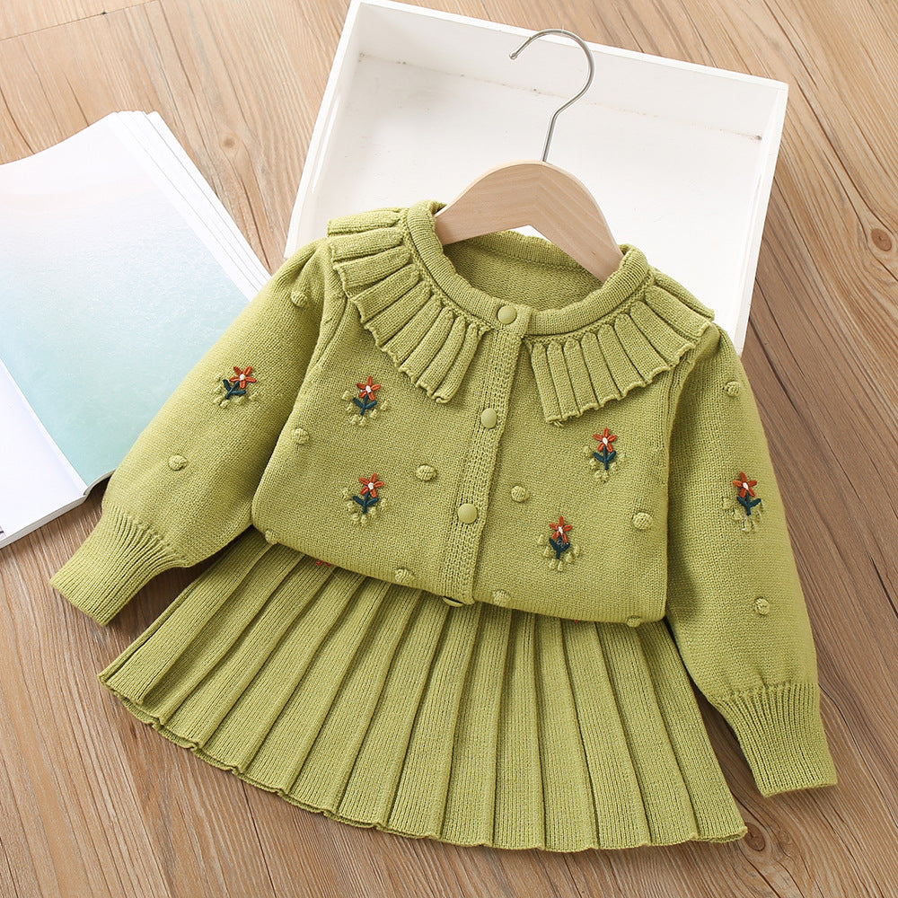 Girls Sweater Flower Knitted Long Sleeve Cardigan Two-piece