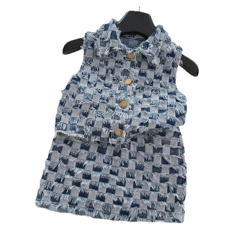 Girls Retro Plaid Vest Short Skirt Two-piece Set