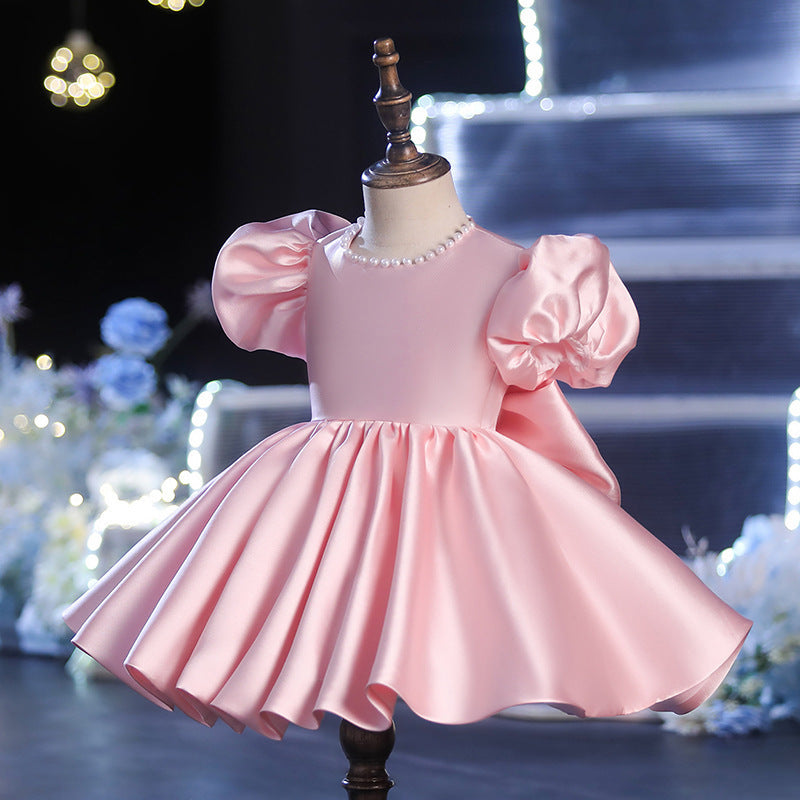 Sweet Baby Girls Pink Puff Sleeve Pleated Princess Dress Toddler