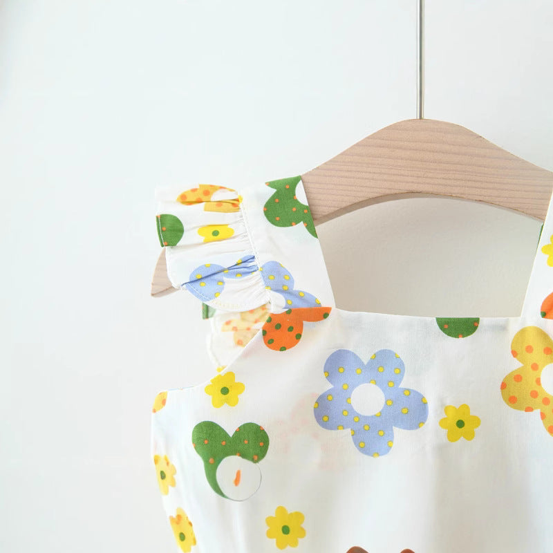 Summer New Girls Cotton Printed Flying Sleeve Dress