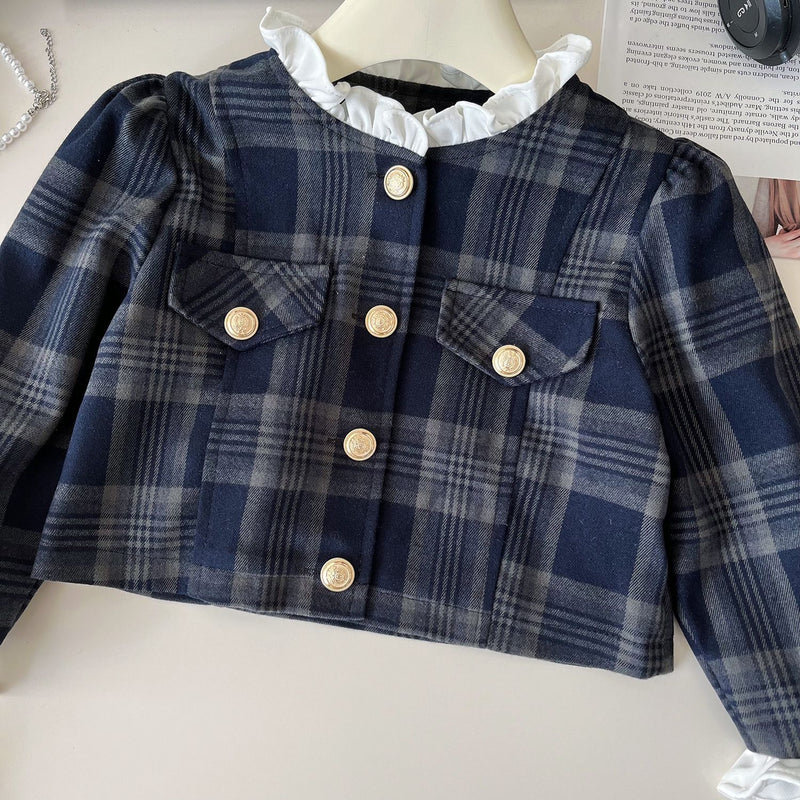 Girls' New Spring Plaid Jacket and Skirt Two-Piece Set
