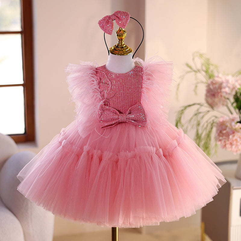 pink dress birthday Pink Girl Birthday Princess Dress Flower Girl Puffy Dress, Pink / 5-6 Years (130cm)