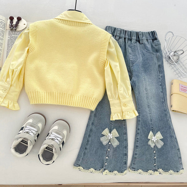 Girls' Autumn Shirt Knitted Vest Flared Pants Three-Piece Set