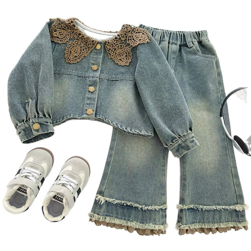 Girls' Autumn Denim Jacket and Jeans Two-Piece Set
