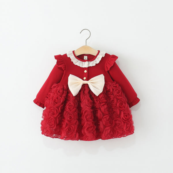 Girls Autumn Long Sleeve Bowknot 3D Rose Princess Dress