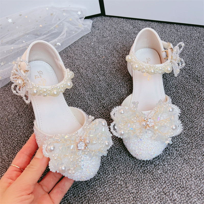 Girls Crystal White High Heel Princess Shoes