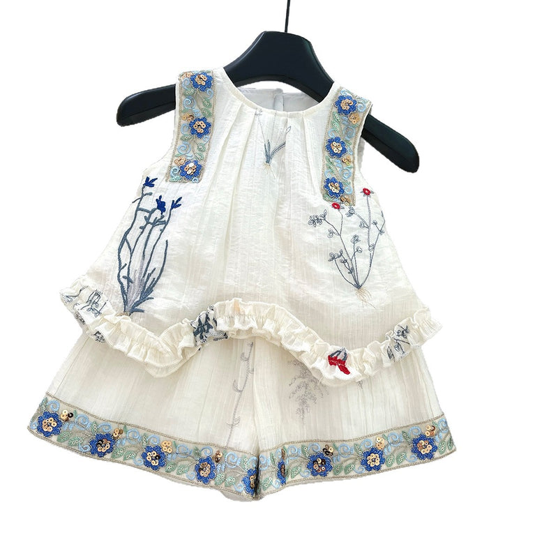 Girls' Sleeveless Hollow Bow Top and Shorts Two-piece Set