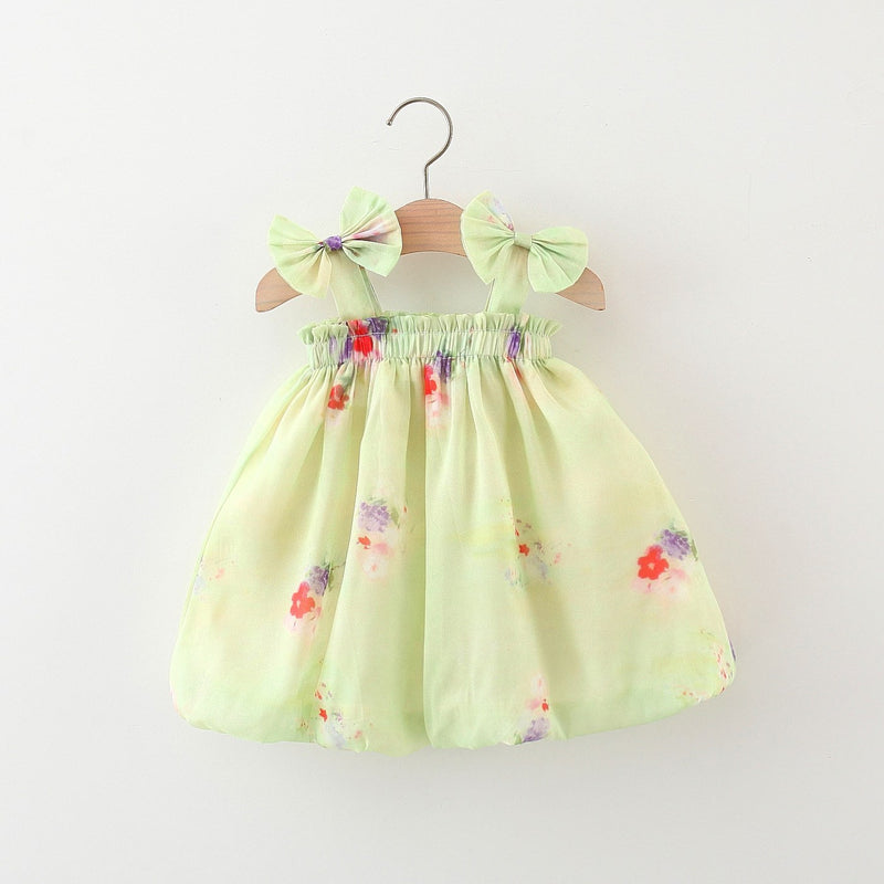 Girls Printed Dress Girls Bowknot Suspender Princess Dress