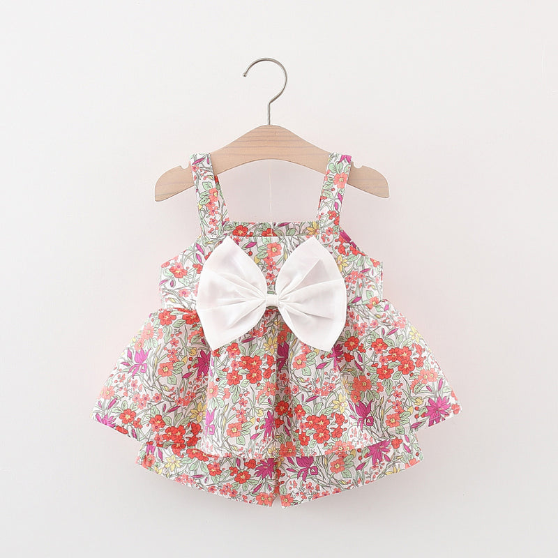 Girls Summer Suit Children's Suspender Shorts Floral Two-piece Suit