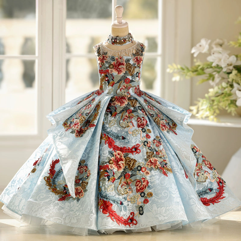 Girls Blue Beauty Pageant Dress Children's Birthday Princess Dress