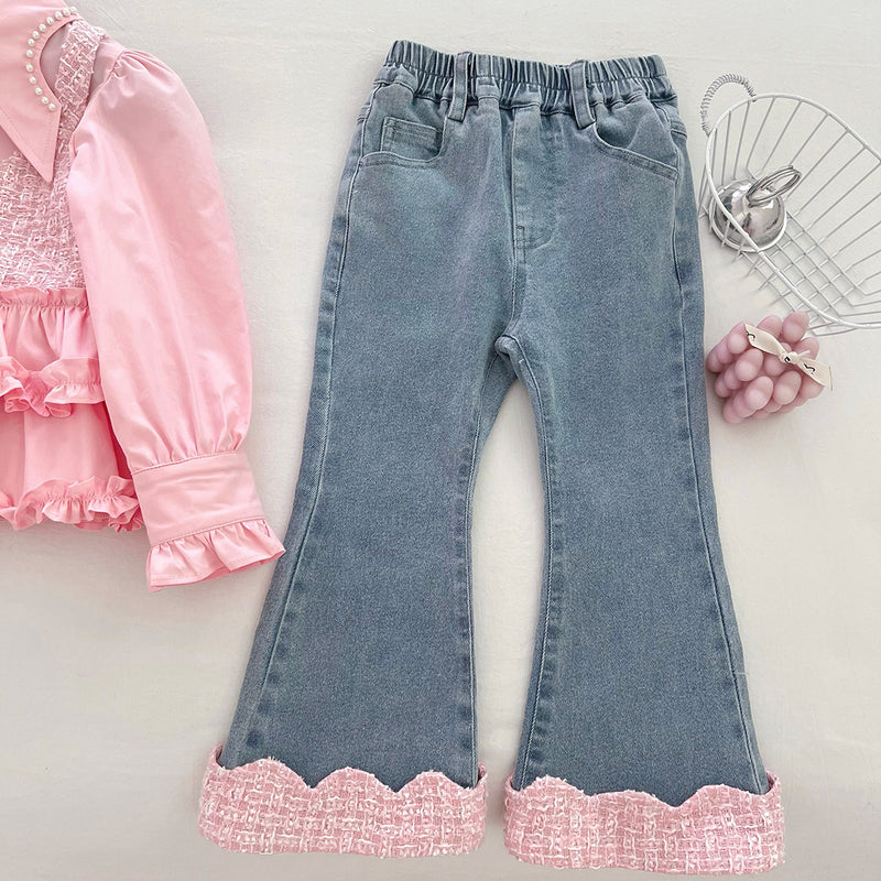 Girls' Fake Two-Piece Shirt Vest Lace Jeans Two-Piece Set