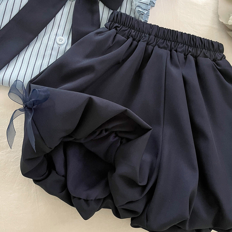 Girls Summer New Bow Striped Shirt Top Shorts Two-piece Set