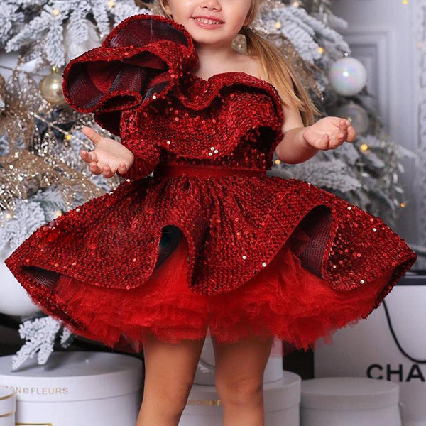 Girl Christmas Dress Girl Party Dress Toddler Birthday  Sequin Fluffy Girl Pageant Ball Gowns Dresses