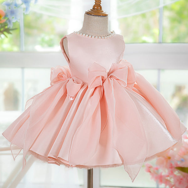 Elegant Baby Pink Sleeveless Bow Puff Dress Toddler Party Dresses