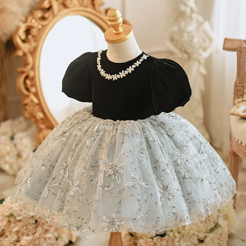 Cute Baby Girl Black Puff Sleeves Floral Fluffy Mesh Princess Dress Toddler First Communion Dress
