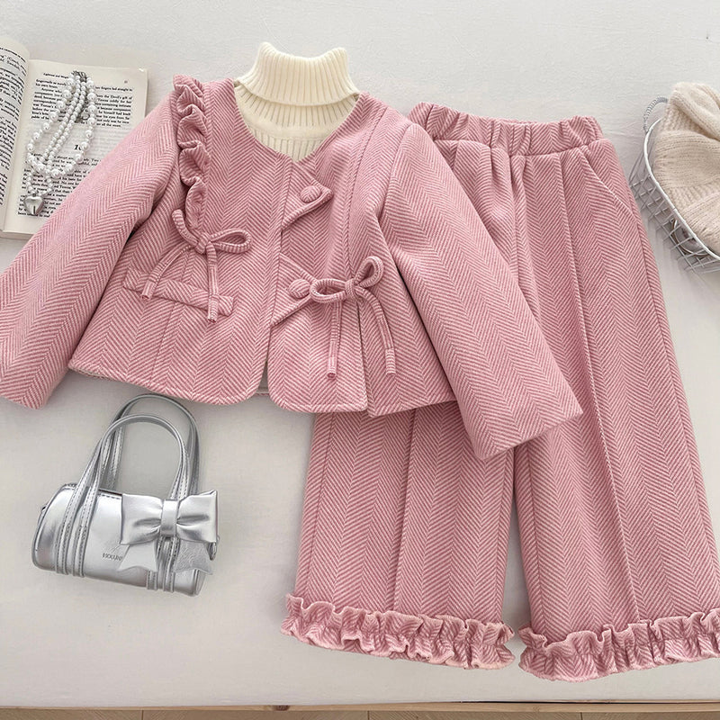 Girls' Winter Ruffled Trim Jacket Straight-Leg Pants Two-Piece Set