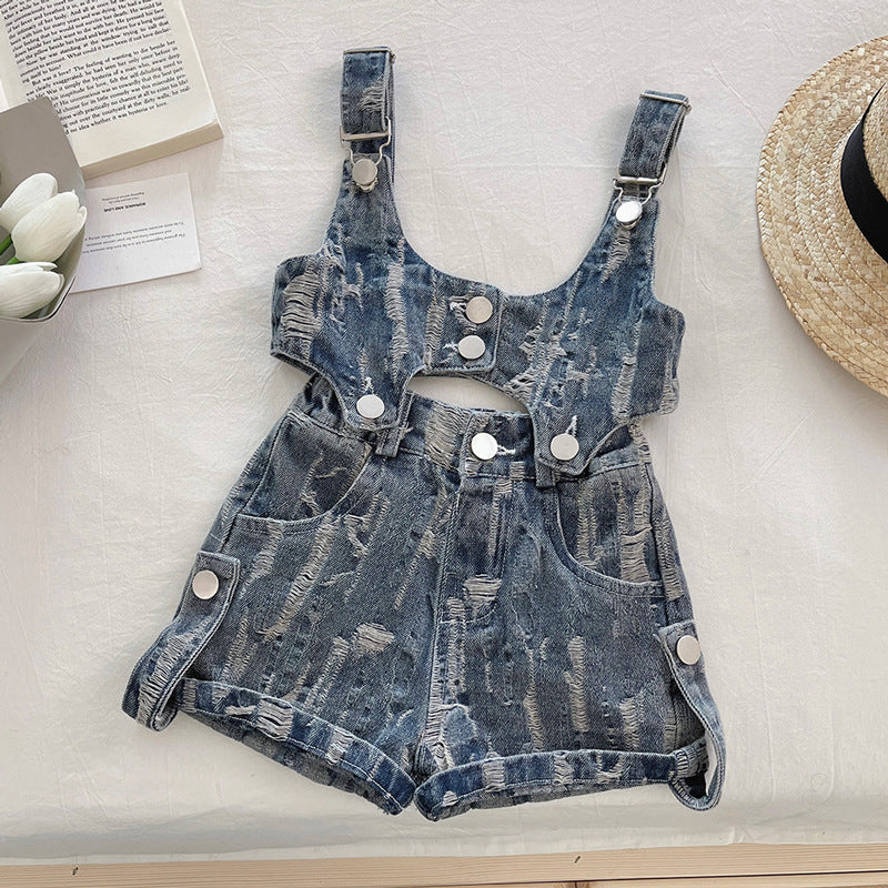 Girls Denim Overalls Shorts Bottoming Shirt Three Piece Set