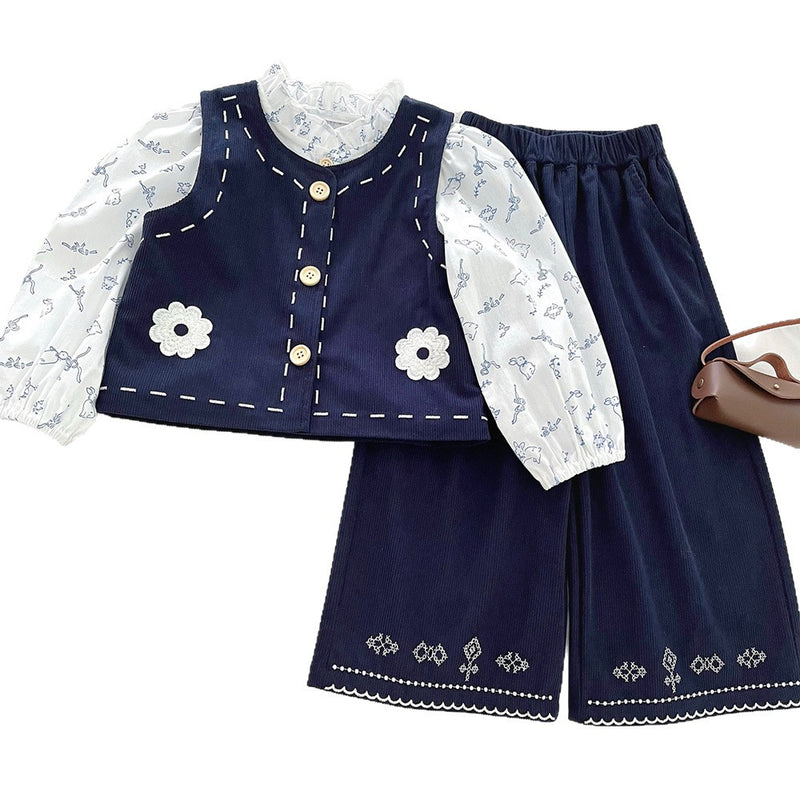 Girls' Embroidered Vest Shirt and Wide-leg Pants Three-piece Set