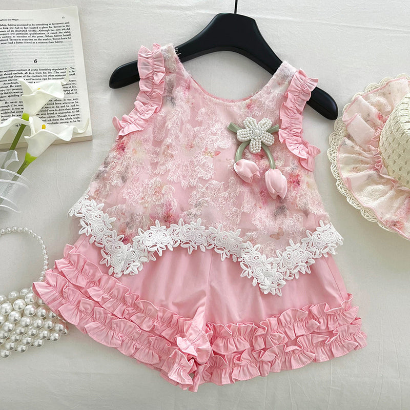 Summer Girls Sleeveless Pink Suit Flower Cute Princess Style Lace Shorts Two-piece Suit