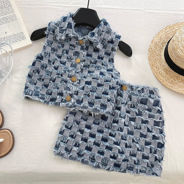 Girls Retro Plaid Vest Short Skirt Two-piece Set