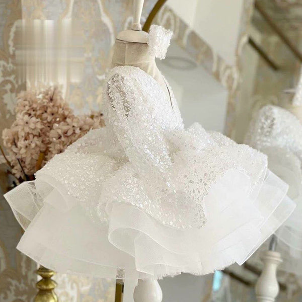 Elegant Baby Girl White V-neck Puffy Princess Dress Girl Toddler Christening Dress