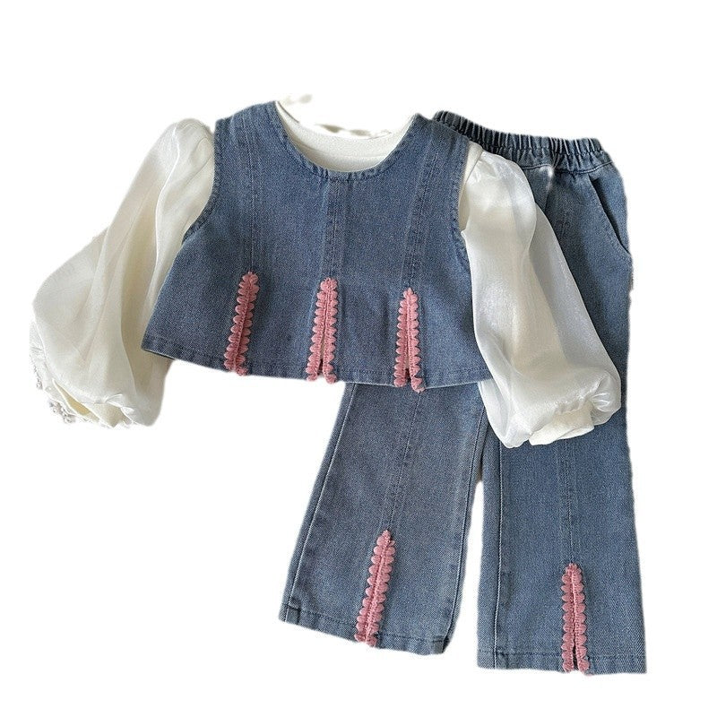 Girls Spring Vest Shirt Denim Wide-Leg Pants Three-Piece Set