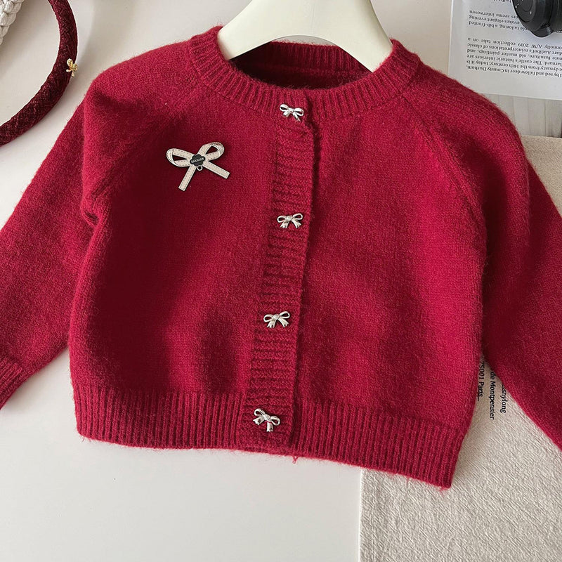 Girls' Knitted Sweater Cardigan Bow Skirt Two-piece Set