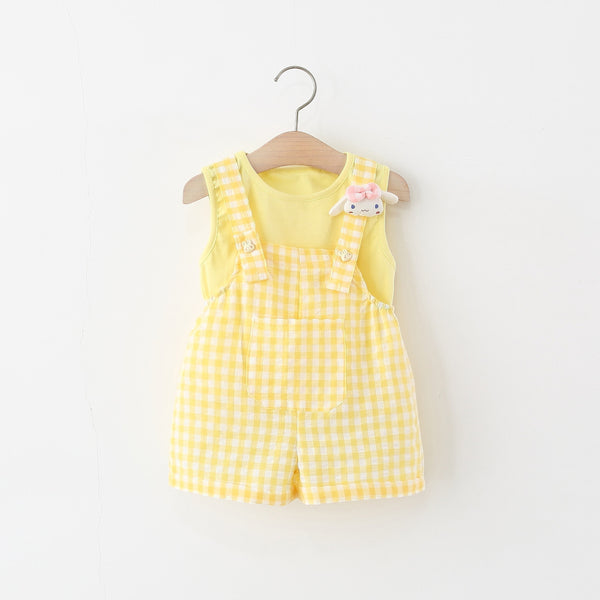 Summer Girls Knitted Sleeveless Top Pure Cotton Overalls Two-Piece Set
