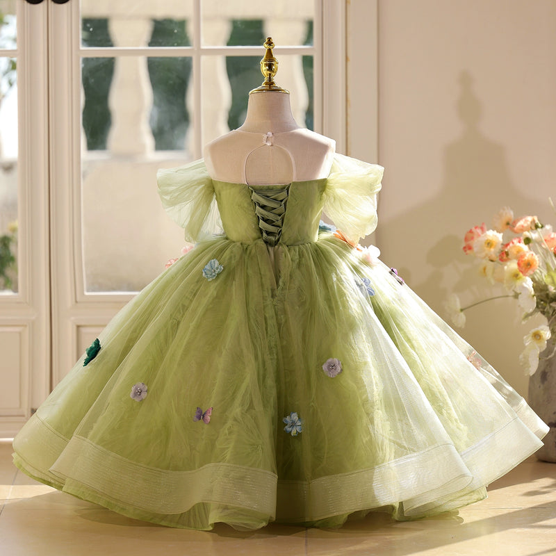 Girls Green Flower Birthday Princess Dress Children's Ball Dress