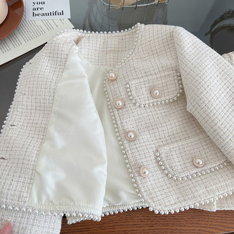 Girls' New Apricot Jacket and Pleated Skirt Two-piece Set