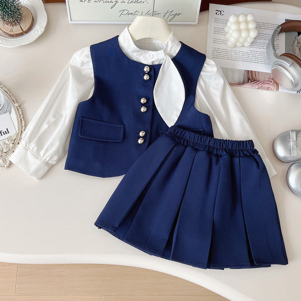 Girls' Cute New Vest Shirt Pleated Skirt Three-piece Set