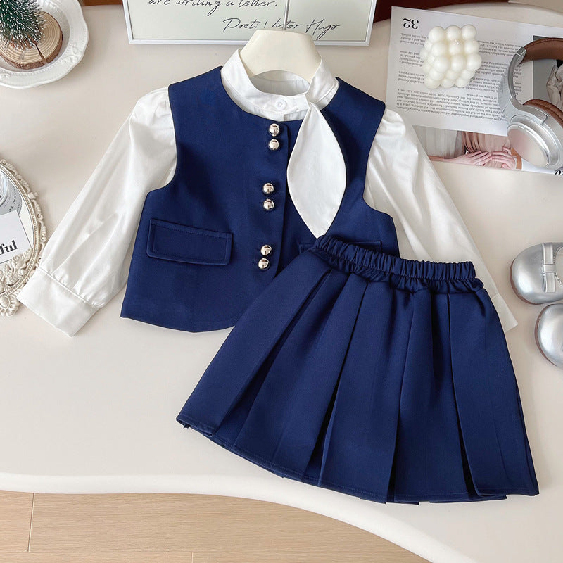 Girls' Cute New Vest Shirt Pleated Skirt Three-piece Set