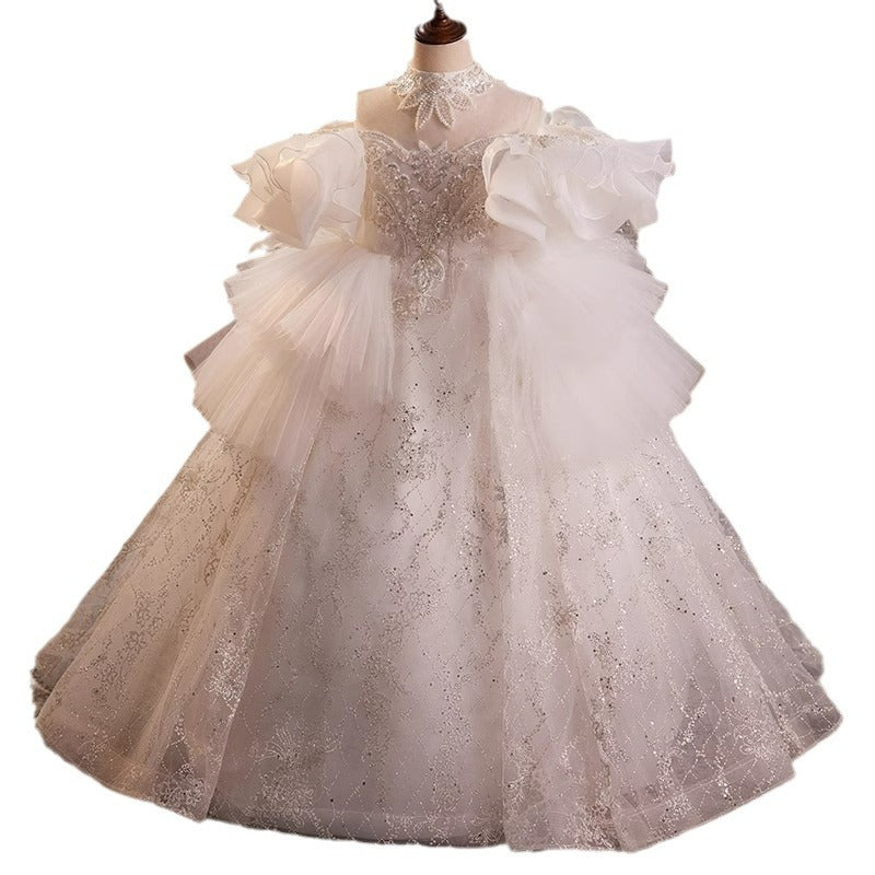 Elegant Baby Girls White Patterned Mesh Puff Princess Dress Toddler Long First Communion Dress