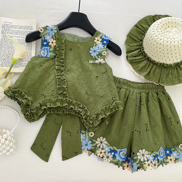 New Summer Girls' Flower Bow Sleeveless Vest Lace Shorts Two-piece Set