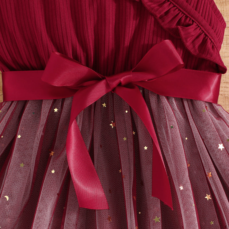 Girls Elegant V-neck Birthday Belt Princess Dress